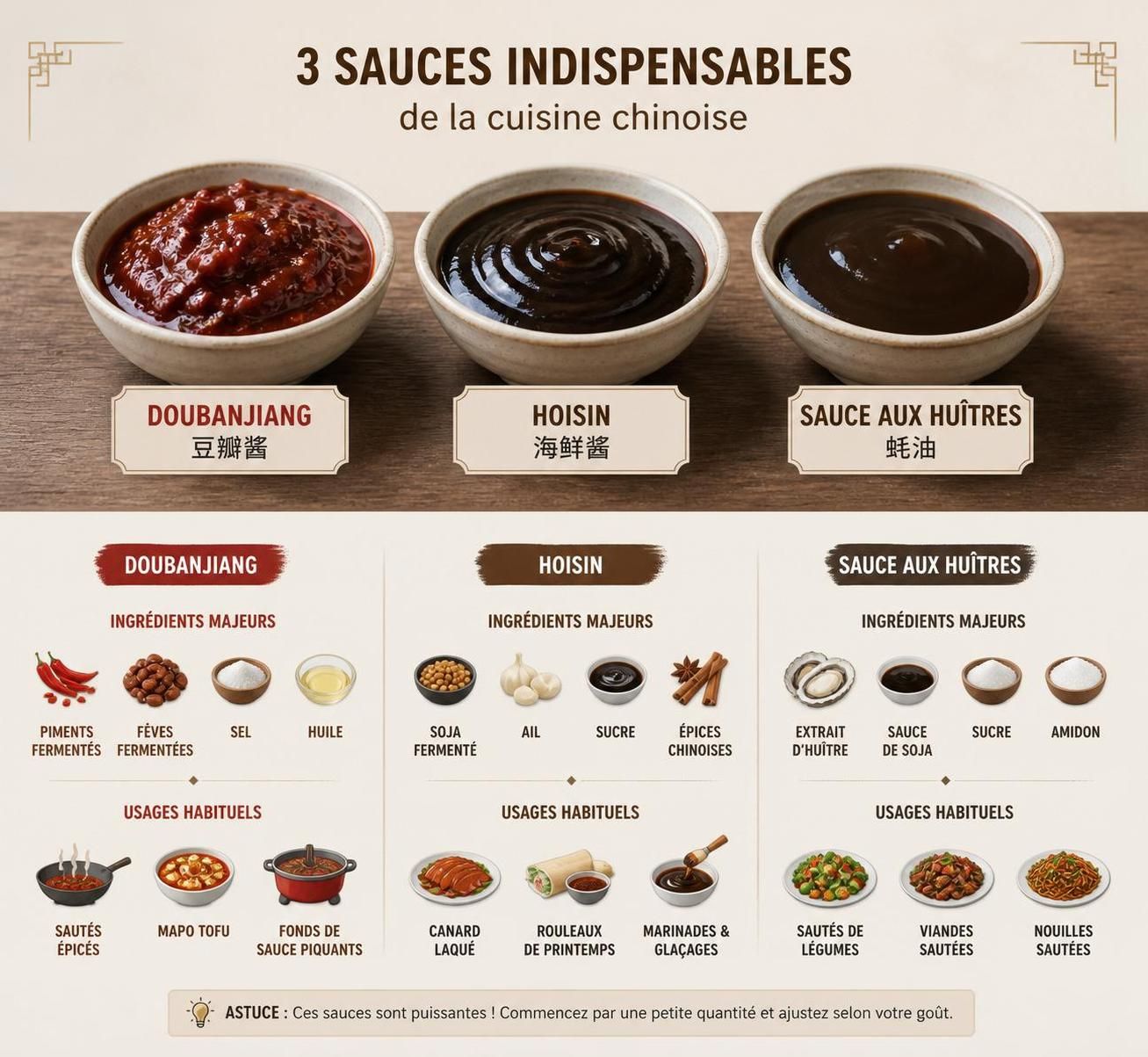 découvrez les sauces chinoises essentielles comme le doubanjiang, la sauce hoisin et la sauce aux huîtres dans notre guide complet pour parfumer vos plats authentiques.