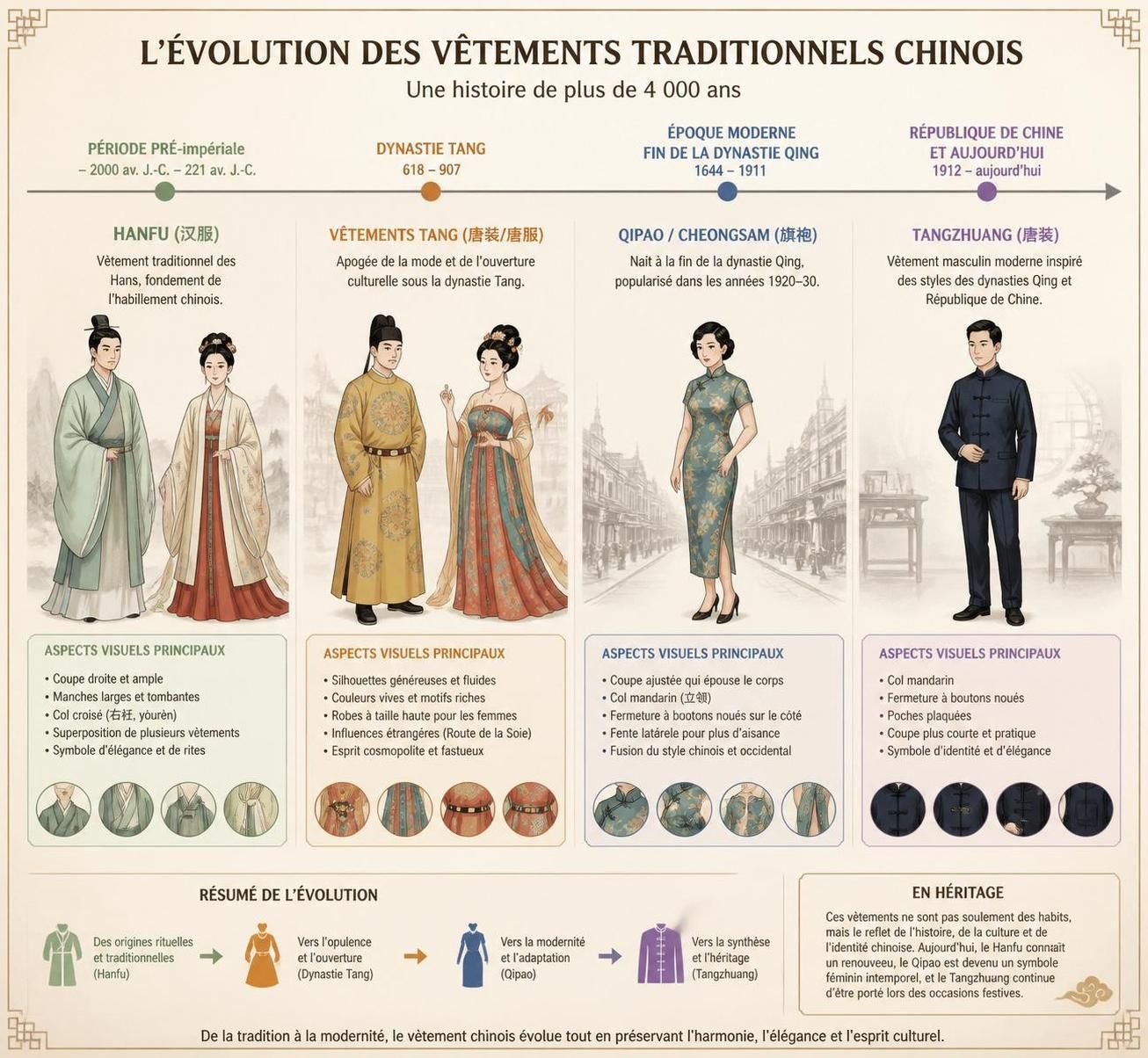découvrez les vêtements traditionnels chinois tels que le qipao, le hanfu et le tangzhuang, leur signification culturelle et les occasions idéales pour les porter.