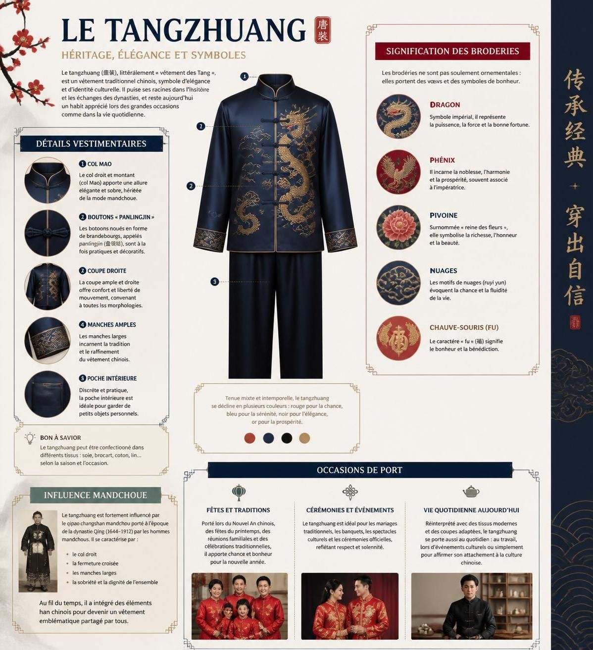 découvrez les vêtements traditionnels chinois comme le qipao, le hanfu et le tangzhuang, leur signification culturelle et les occasions idéales pour les porter.