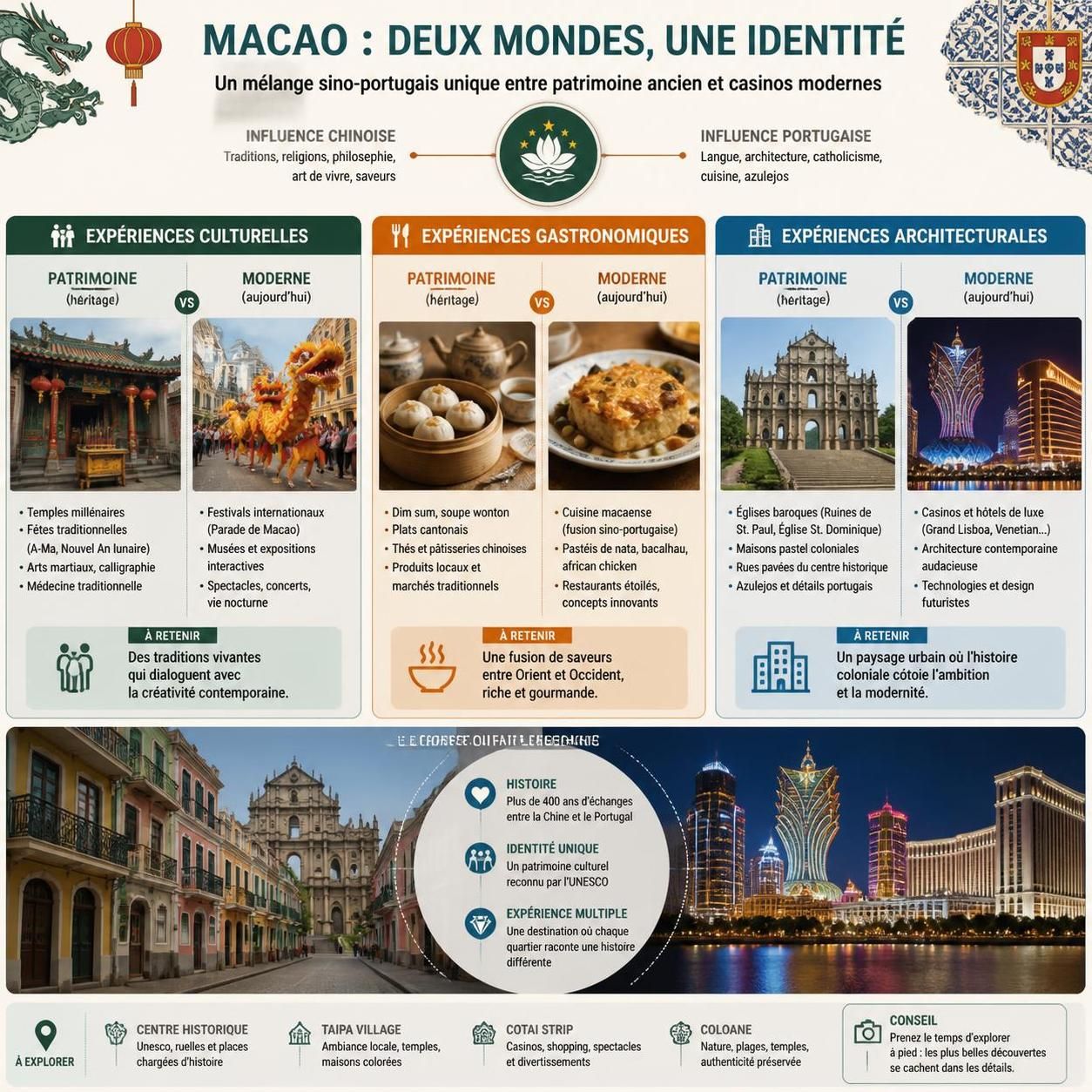 découvrez macao, une destination unique mêlant l'effervescence des casinos, le charme du patrimoine colonial portugais et la délicieuse gastronomie dim sum, pour une escale authentique hors des sentiers battus.