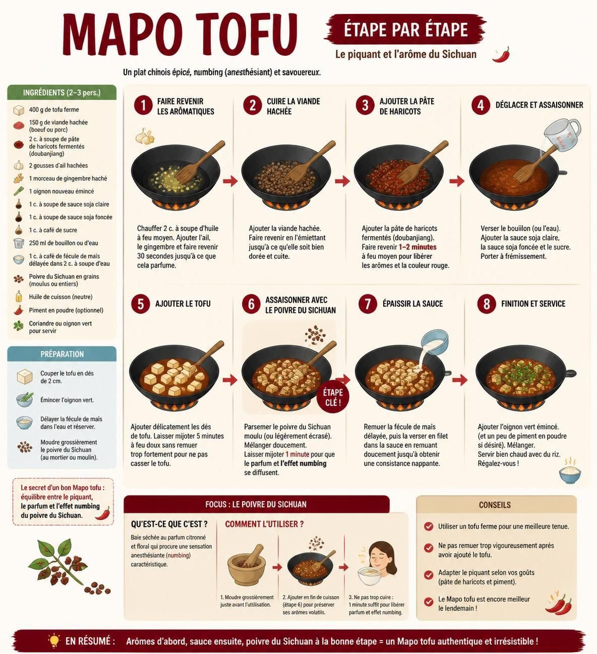 découvrez la recette authentique du mapo tofu, ce plat sichuanais aux saveurs intenses, et le secret du poivre qui crée cet engourdissement unique en bouche.