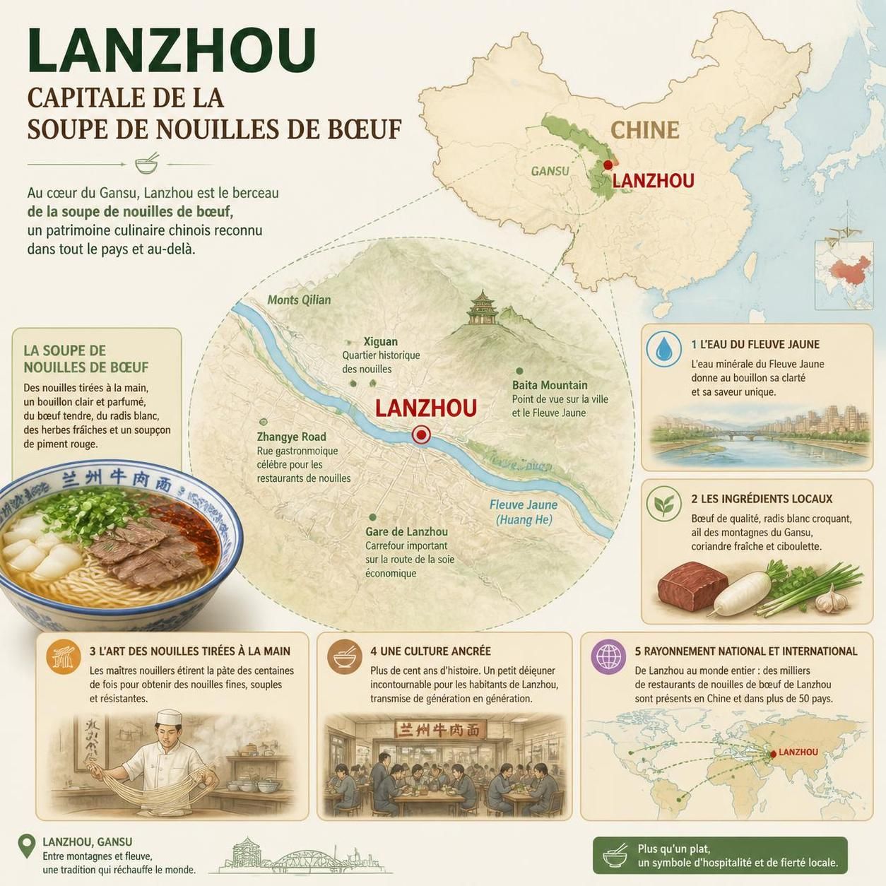 découvrez les noodles de lanzhou, des nouilles étirées à la main accompagnées d'un bouillon de bœuf richement parfumé, un incontournable de la cuisine chinoise traditionnelle.