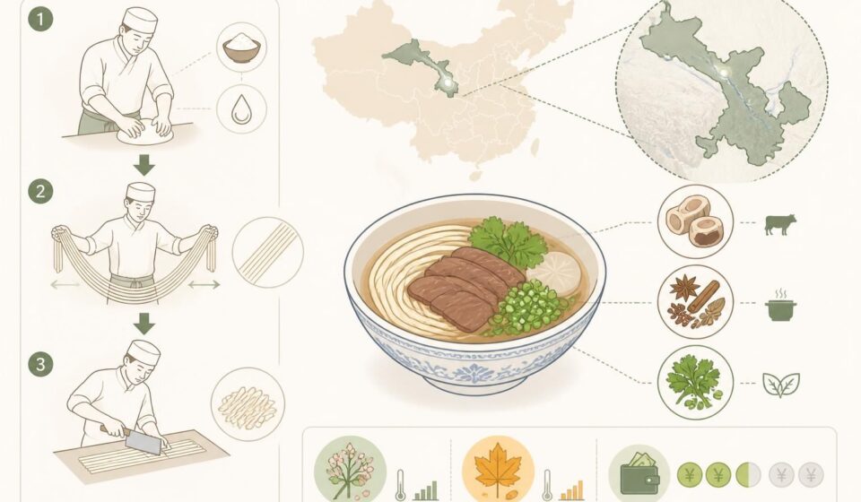 découvrez les noodles de lanzhou, des nouilles étirées à la main accompagnées d'un bouillon de bœuf parfumé, une spécialité culinaire riche en saveurs authentiques de la chine.