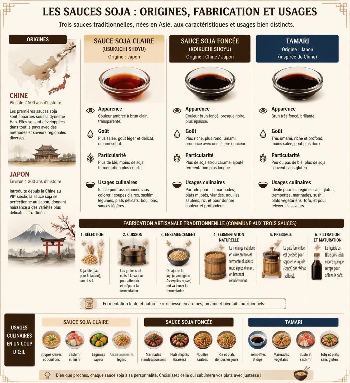 découvrez les différentes variétés de sauce soja claire, foncée et tamari, et apprenez comment les utiliser pour sublimer vos plats avec des saveurs authentiques.