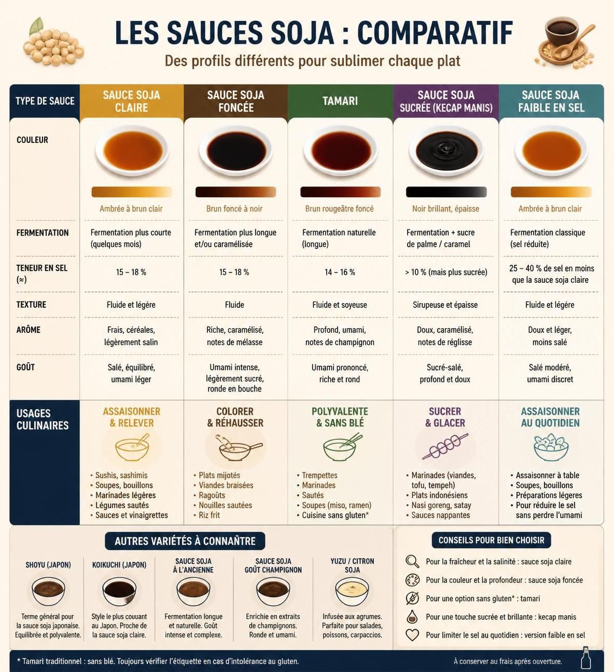 découvrez les différentes variétés de sauce soja : claire, foncée et tamari, et apprenez comment les utiliser parfaitement pour sublimer vos plats.
